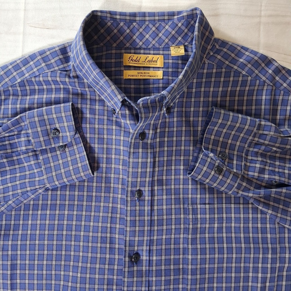 Roundtree & Yorke Gold Label Mens 2XB Blue Plaid Non-Iron Button Down Shirt 2XL